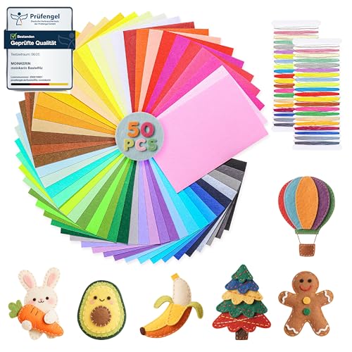 moinkerin 50 Farben Bastelfilz 20x30cm Filzstoff zum Basteln mit Nähgarn-Set 1mm Filzplatten für DIY Patchwork, Handarbeiten,Dekoration,Nähen Projekte (50 Stück)