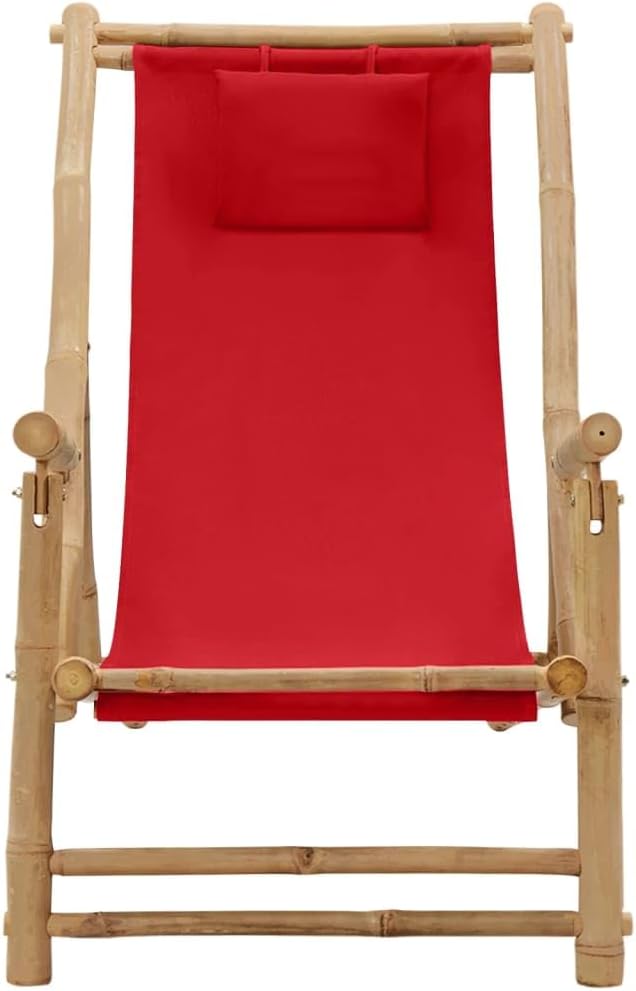 Outdoor Patio Sling Chair Red Bamboo, Foldable Canvas Deck Chair for Garden & Balcony, Adjustable Backrest, Weather-Resistant Seating, 41.7" Wide