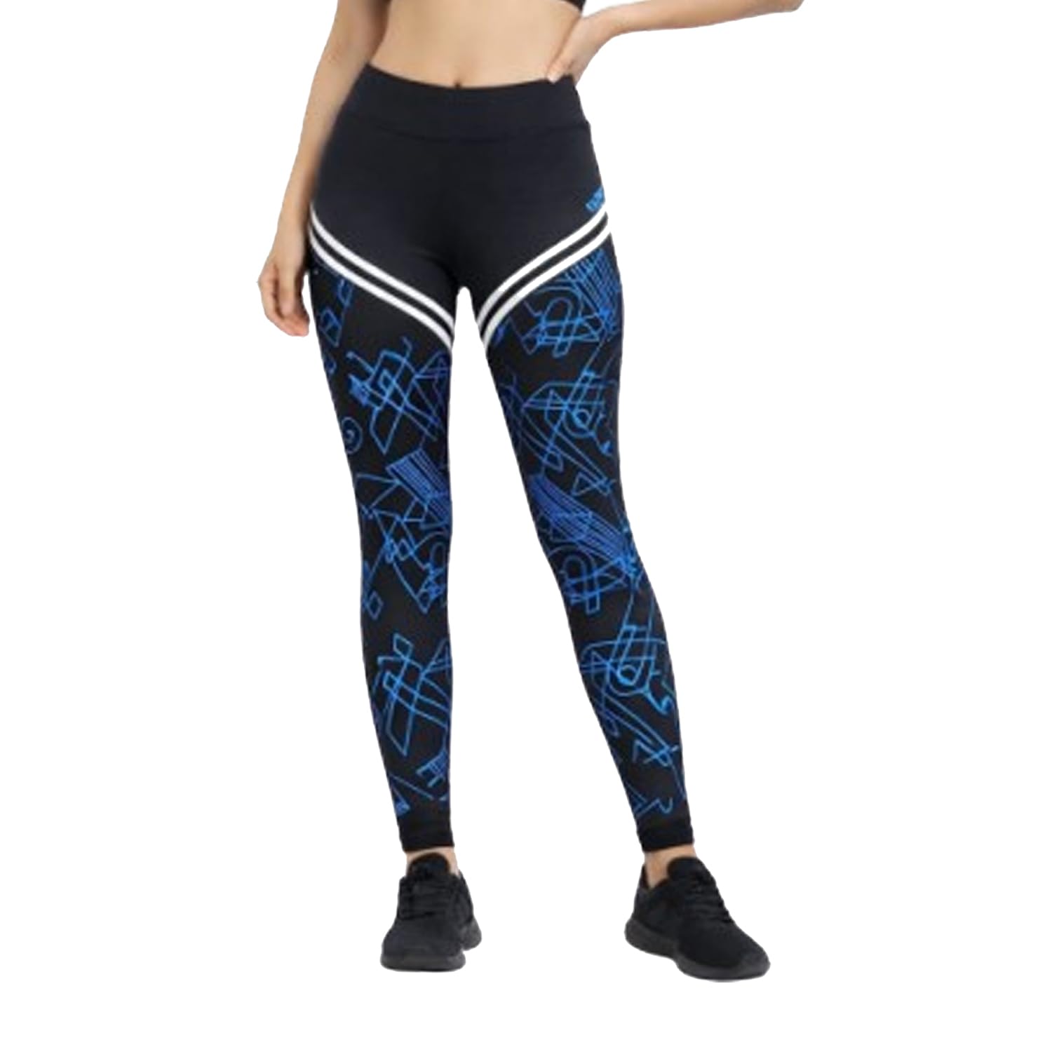 Women's High-Waist Yoga Leggings, Black with Blue Geometric Print, Fitness Workout Tights-picture-41