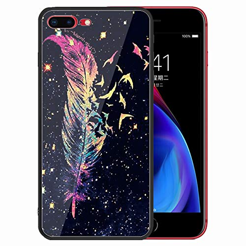 Urhause Tempered Glass Cover Compatible with iPhone 7 Plus Case Glossy Mirror Case Ultra Thin Starry Sky Sparkle Hard Cover Feather Tempered Glass + Soft Silicone Skin Cover Bumper Anti-Scratch Cover