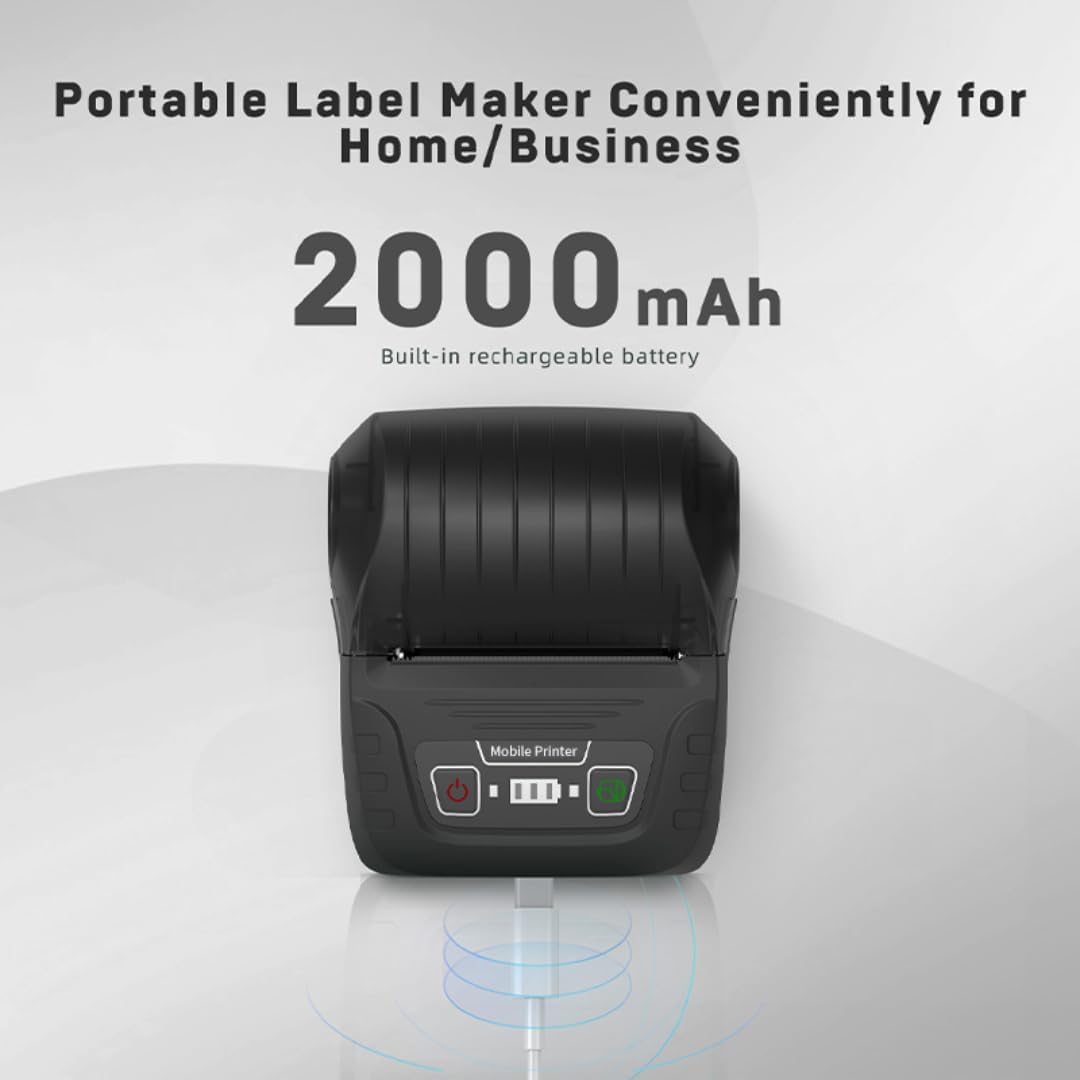 KAYSION SK58 Label Maker showing USB-C charging port and 2000mAh battery capacity.