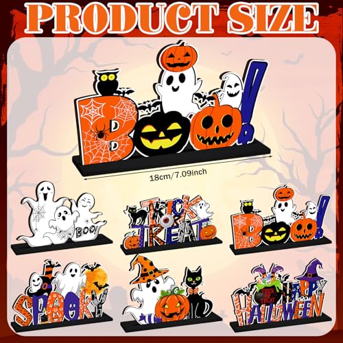 Image of CroBlissful 6 Pcs Halloween Table Centerpiece Decorations Trick or Treat Pumpkin Ghost Wood Centerpiece Happy Halloween Boo Spooky Wooden Signs Table Decor for Living Room Office Kitchen Party Decor