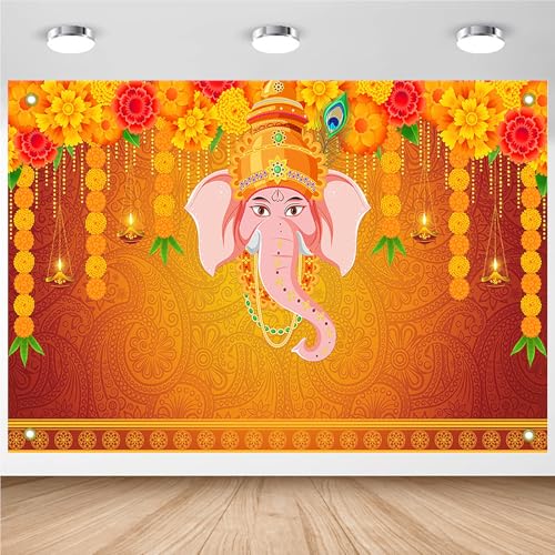 Image of Avezano Indian Pooja Traditional Backdrop Indian Religious Festival Marigold Banner Orange Flower Marriage Hindu Curtain Bridal Shower Wedding Party Decorations Banner (7x5ft)