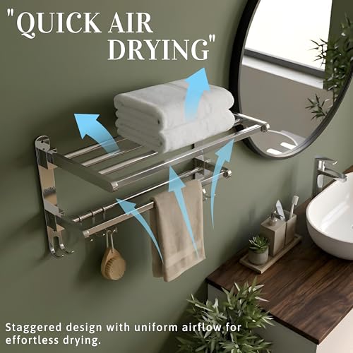 Image of GLOXY Premium 18 Inch Towel Rack for Bathroom - Chrome Finish Stainless Steel Folding Towel Hanger with Shelf - Wall Mounted Home Decor Towel Holder Rack Shelf Bathroom Fittings Accessories Set