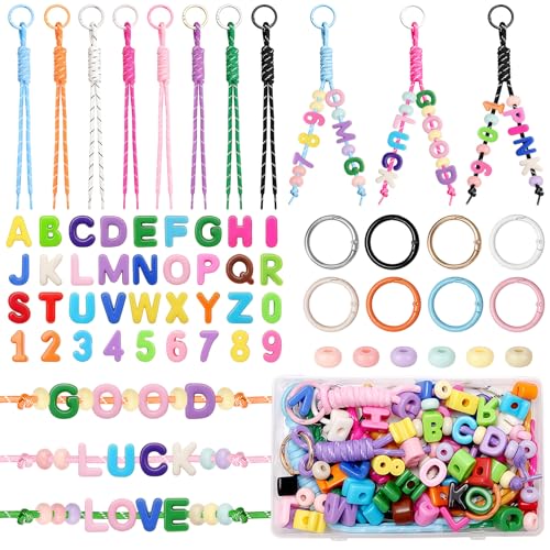 Prdingfy DIY Alphabet Bead Keychain Making Kit 86 PCS Letter Number Beads with Braided Wrist Straps Word Charms Key Rings and Storage Box Personalized Backpack Charm Craft Kit for Teens Adults