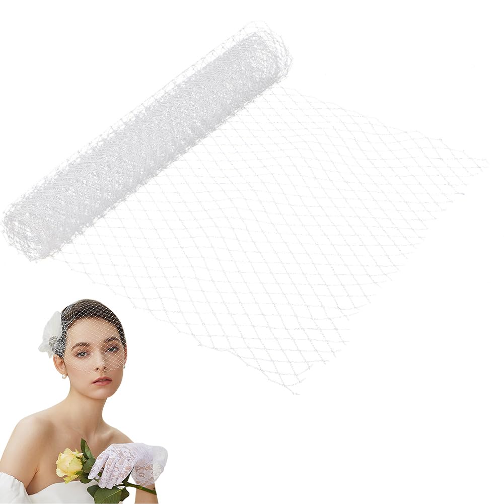 GORGECRAFT 2 Yards Birdcage Bridal Veil Mesh Netting Fabric 25cm Wide French Organza Rhombus Headband Millinery Bride Hair Net Headdress Ribbon Hat Decoration for Women Girls Wedding Tea Party White