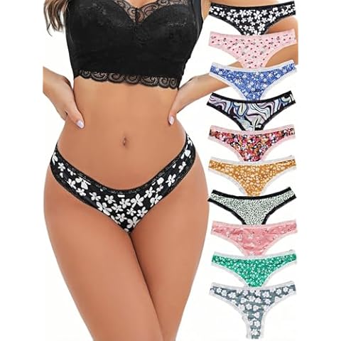 Morvia 10-Pack Women Sexy Coquette Contrast Lace Trims Floral Print Thongs Underwear (US, Alpha, Medium, Regular, Regular, 10 Pack Floral) Cover