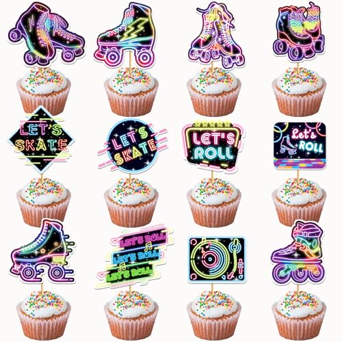24 Pcs Roller Skating Cupcake Toppers Roller Skate Cake Decorations Roller Skating Party Decorations Cupcake Toppers for Roller Skate Birthday Party Decorations