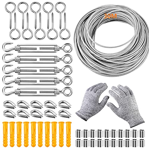 papasgix Kit de Câble Métallique Kit de Câble en Acier Inoxydable Corde à Suspendre Câble en Acier Inoxydable avec Tendeur et Crochets avec des Gants 10/15/20/30m(Argent avec des Gants(304pcs)) Cover