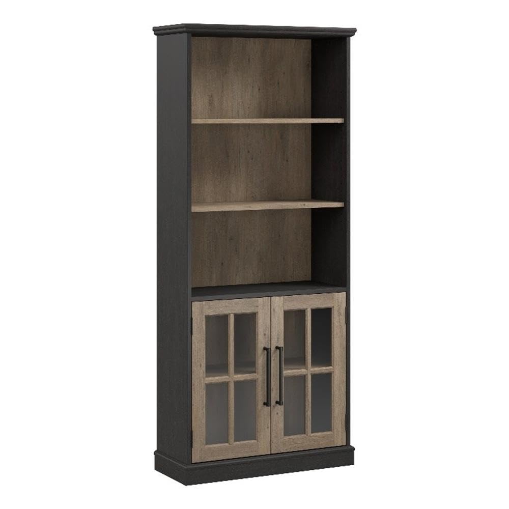 Bush Home Westbrook Tall 5 Shelf Bookcase with Glass Doors in Vintage Black/Restored Tan Hickory, Farmhouse Bookshelf Cabinet for Living Room and Home