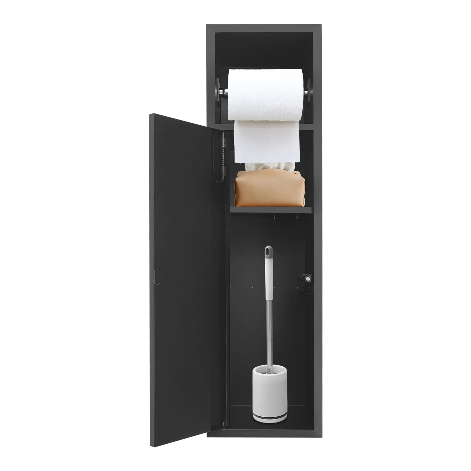 Porta carta igienica da incasso, in acciaio inox, con porta carta igienica e ante dell'armadio, armadietto per WC integrato, 63 x 15 x 15 cm (nero)