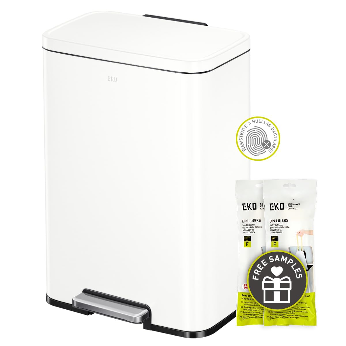 EKO Madison Cubo de Basura para Cocina 50 L con Pedal Blanco Mate | Cubo EKO Madison de 50 L en color blanco, con pedal, cierre suave, función stay-open y anillo estabilizador de bolsas.