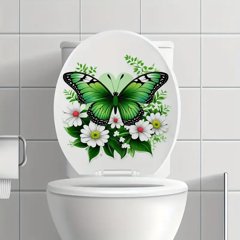 Green Butterfly Floral Toilet Cover Sticker Decals,Fish Bird Flower Leaf Waterproof Toilet Lid Tank Seat Decals Cistern Self-Adhesive Bathroom Wall Sticker