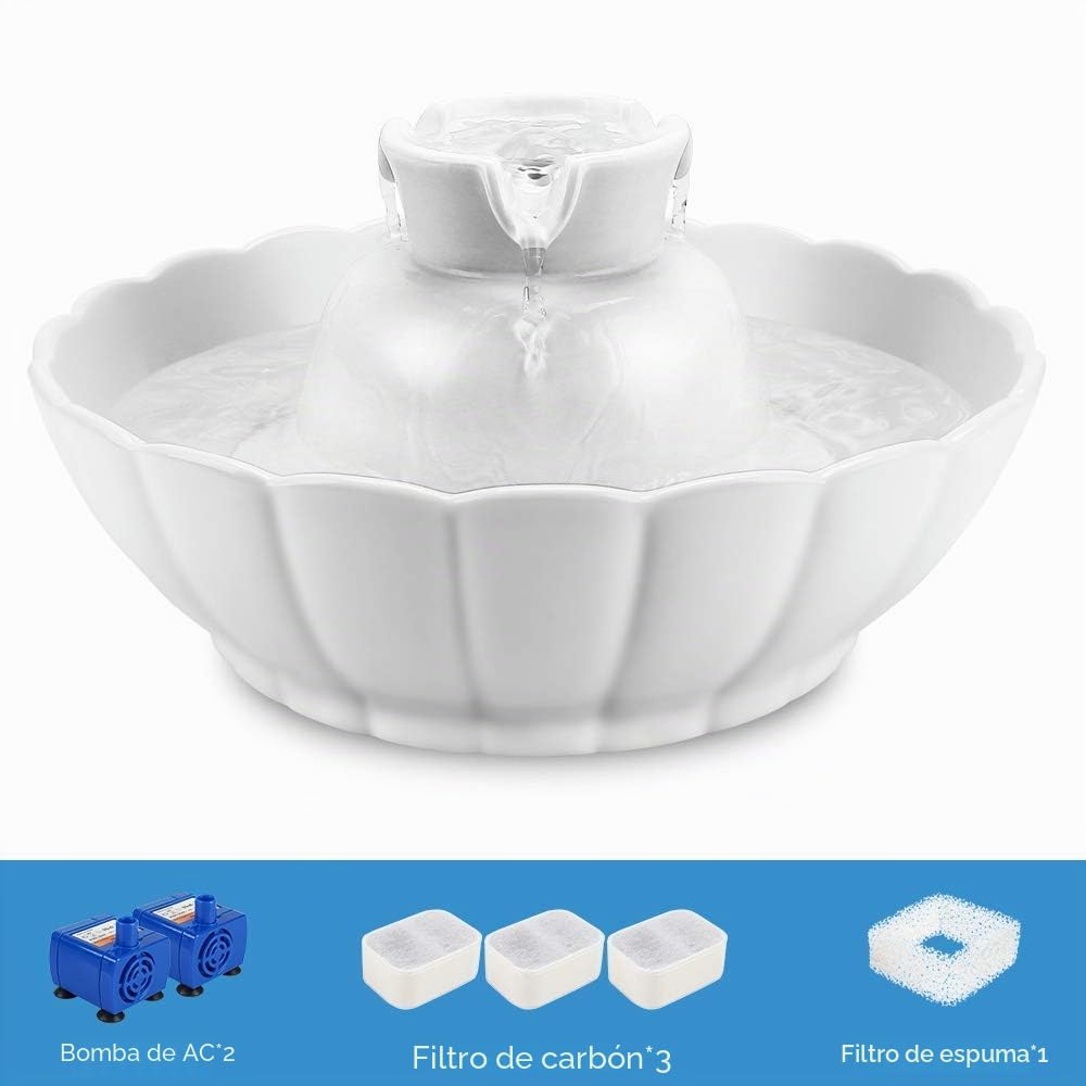 iPettie Fuente de cerámica para Gatos 2,1L | Fuente de cerámica | Saludable | Super Tranquila | Fácil de Desmontar/Limpiar | Filtros orgánicos Baratos | con Bomba de Repuesto (Lotus Blanco)