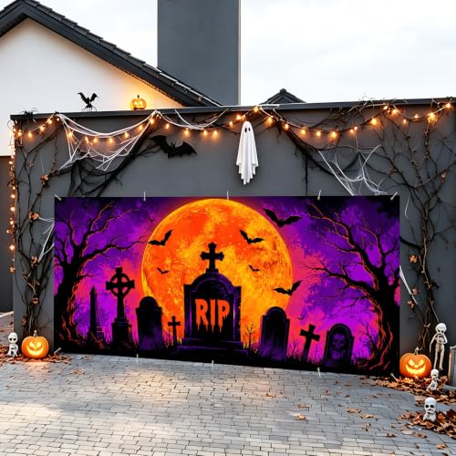 Image of Halloween Garage Door Decorations 7 x 16 ft, RIP Grave Cover