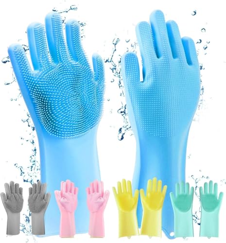 Image of Gloves Magic Silicone Dish Washing Gloves, Silicon Cleaning Gloves, Silicon Hand Gloves for Kitchen Dishwashing and Pet Grooming, Great for Washing Dish, Car, Bathroom (Multicolour, 1 Pair)