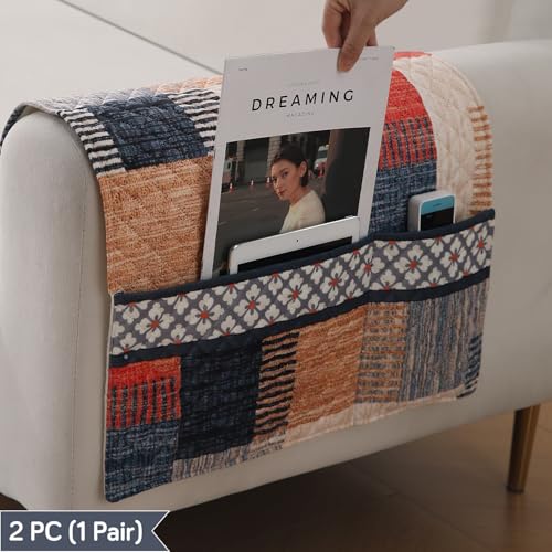 Image of HOKIPO 'LiefNest' Printed Holland Velvet Sofa Armrest Covers | 1 Pair | Urban Grid Multicolor (IN-827-L-D7*2)