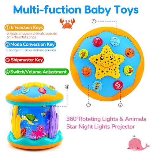 Image of Tsomtto Baby Toys Ocean Projector Rotating Musical Light Up Tummy Time Toys for Infants Baby Aquarium Crawling Toys Newborn Must Have Boy Girl Birthday Shower Gifts