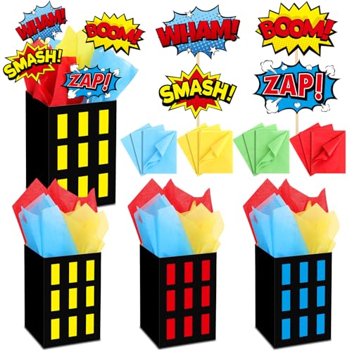12 Sets Hero Party Decoration Boxes Centerpiece, Red, Yellow, Blue
