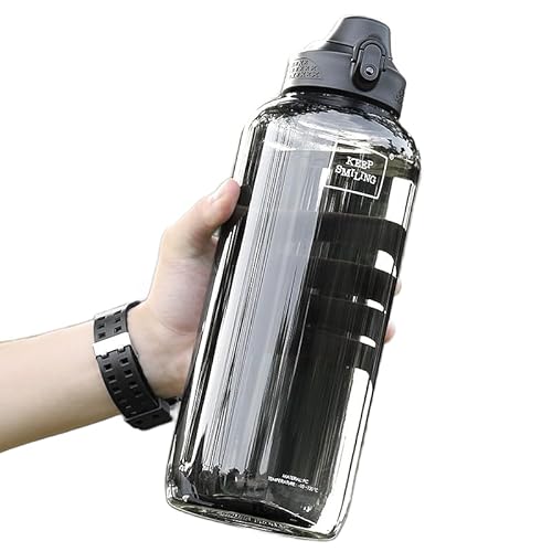 水筒 大容量 (600ml/800ml/1000ml/1500ml/2000ml)超軽量 漏れ防止 クリアプラスチックアクアボトル ドア スポーツウォーターボトル マグボトル ポータブルウォーターカップ 直飲み ライス目盛り付き 食品グレードの素材 食洗機