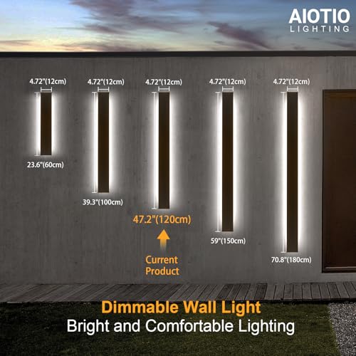 Image of 47.2in 2pcs Outdoor Wall Light Exterior,AioTio Black Long LED Outdoor Wall Light Fixtures Wall Mount,Upgraded 4.72in Wide Dimmable IP65 Waterproof Modern Porch Lights Wall Sconce for Garage,Courtyard