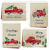 Canopy Street Rustic Vintage Trucks Holiday Card Pack / 24 Farmhouse Christmas Tree Cards With White Envelopes / 4 5/8" x 6 1/4" Seasonal Greeting Cards / 4 Nostalgic Winter Holiday Designs