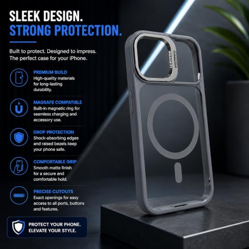 Image of MagPro ClearBack Case with Stand for Apple iPhone 17 Anti Yellow, Strong MagSafe Compatible Cover, Shockproof Armor, Scratch Resistant Polycarbonate Hard Back with Soft TPU Bumper Grey