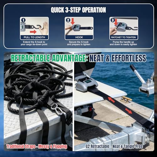 2Pack Retractable Boat Transom Tie Down Straps 2" x 43" 2500 lbs Strength | Heavy Duty Trailer Ratchet Straps,Corrosion Resistant for Saltwater,Marine Use - Image 5