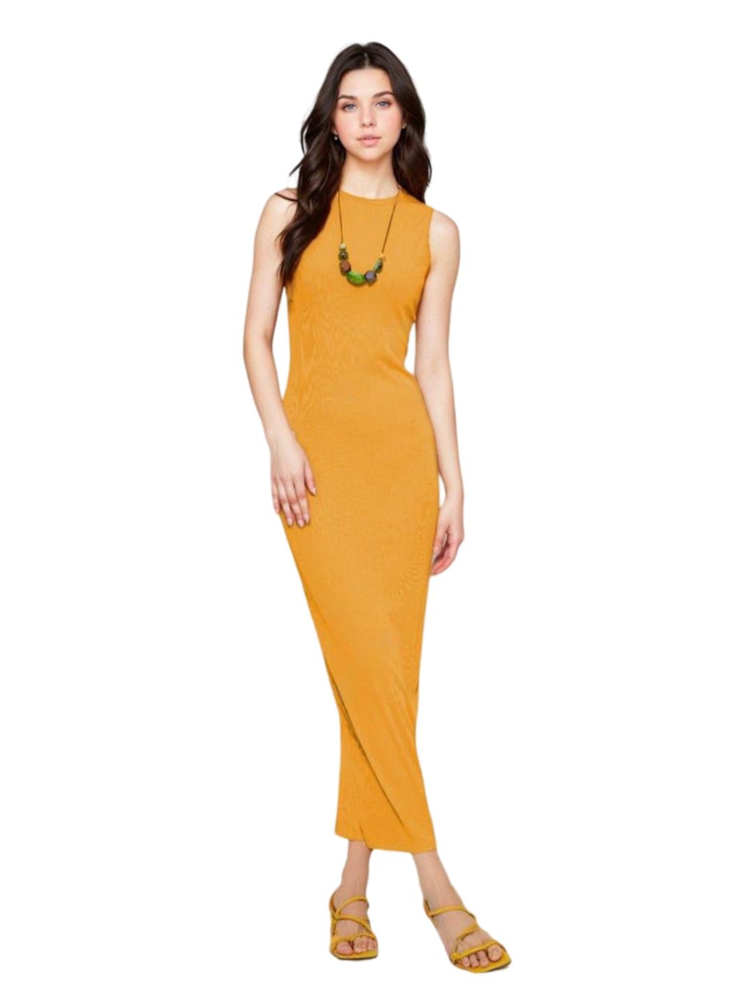 Kotty Women's Solid Sleeveless Maxi Stylish Looking Dress(Yellow,Xl)