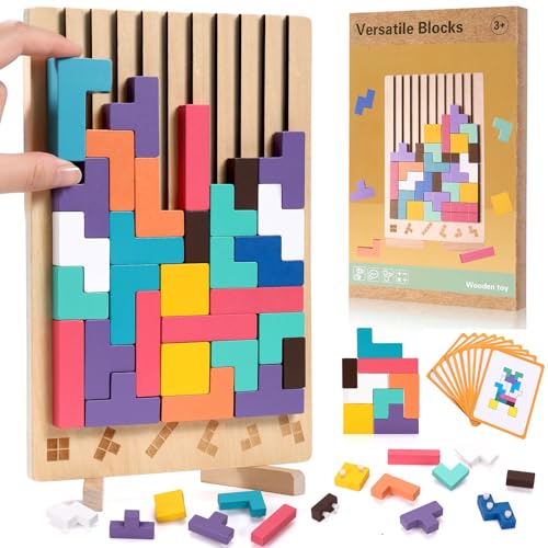 Image of Wooden Stacking Puzzle Toy, 42 Pcs 3D Montessori Russian Blocks Puzzles for Toddlers 3+ Years Old, Brain Teaser Educational Travel Game for Kids, Logic Intelligence Development Gift