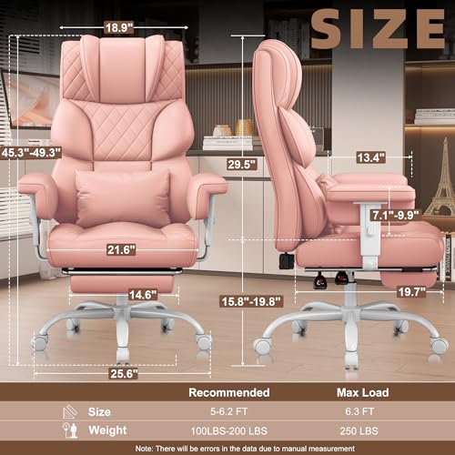 Image of Vonesse Big and Tall Office Chair, Desk Chair with Soft Adjustable Armrests, Ergonomic High Back Gaming Chair with Lumbar Support, Executive Computer Chairs with Footrest (PU Leather, Pink)