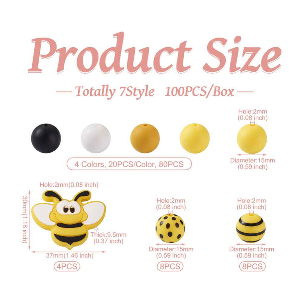 Cheriswelry 100Pcs Bee Silicone Beads 15mm Colorful Painted Spring Loose Beads for Keychain Necklace Bracelet Making DIY Crafts - Image 3