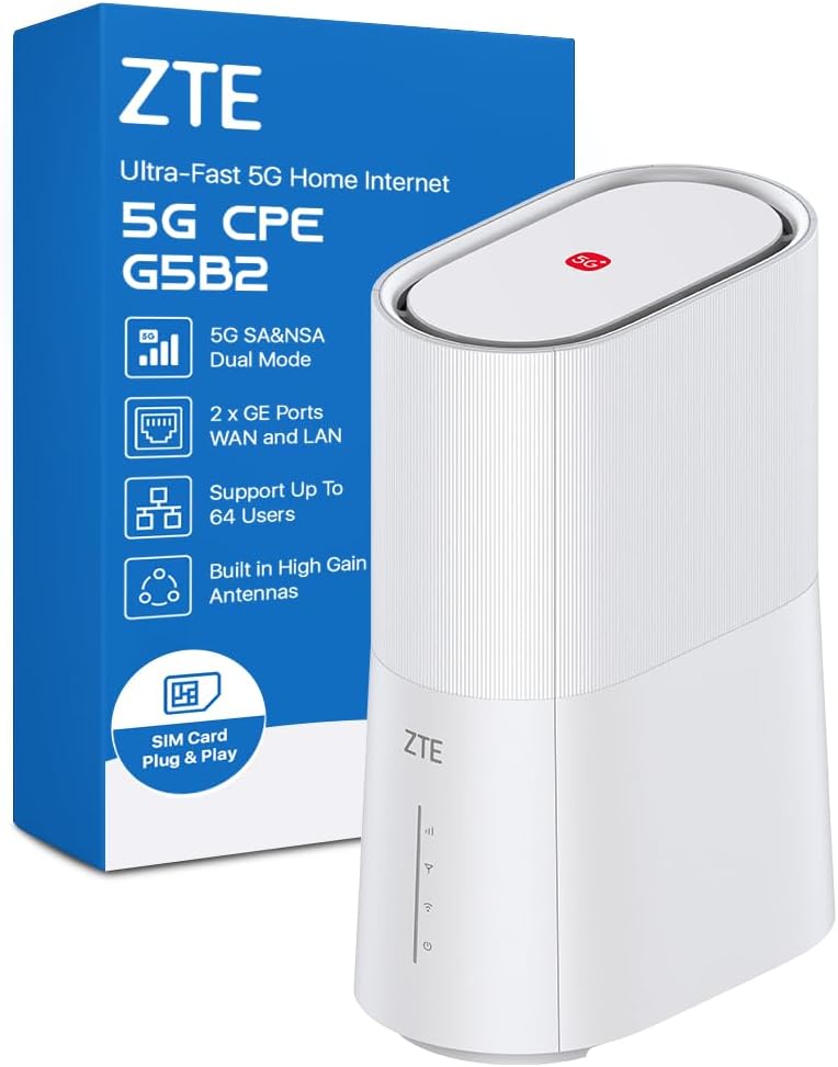 ZTE G5B 2 5G WiFi 6 Router AX3600, Dual Band 2.4GHz/5GHz, High-Gain Antennas + 2 External Ports, 5G NR SA/NSA, Gigabit Ethernet, Unlocked CPE, Up to 64 Devices