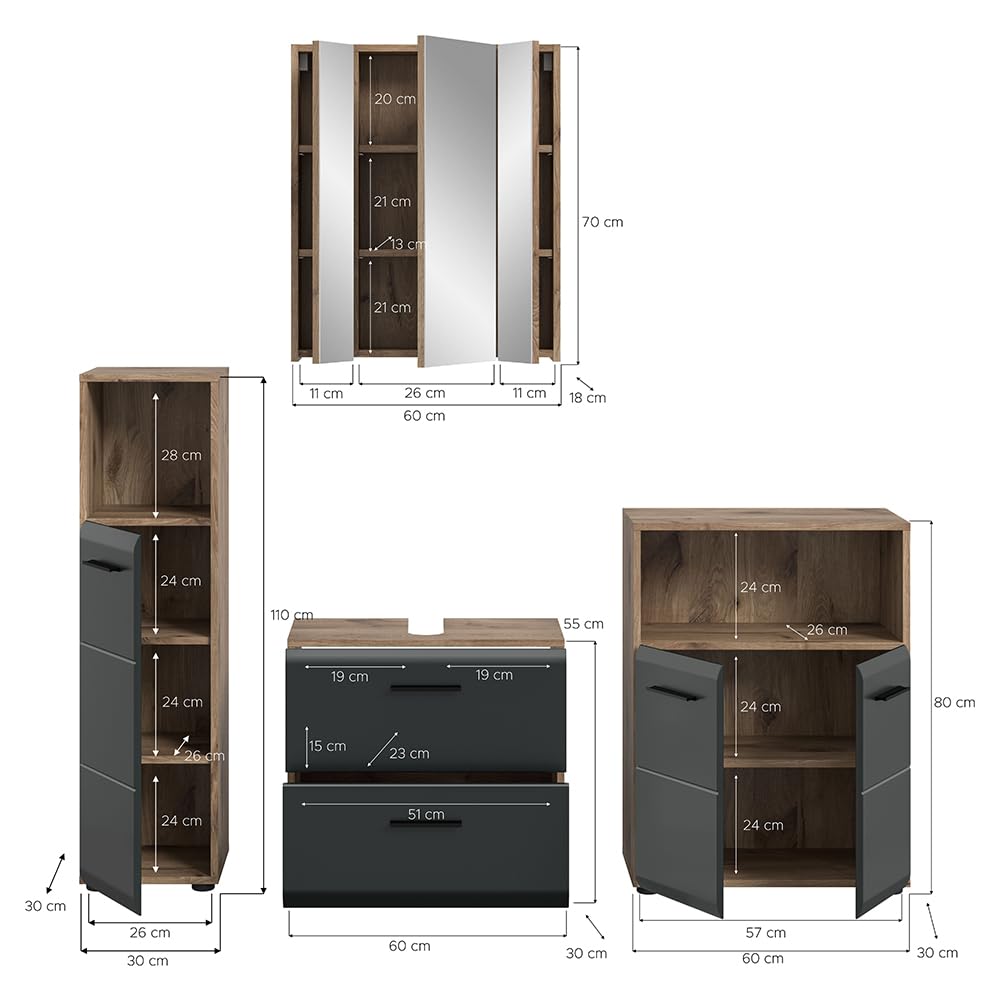 Lomadox Badezimmer Badmöbel-Set 4-teilig in Eiche mit schwarz matt, mit 1 Midischrank, 1 Unterschrank, 1 Spiegelschrank mit 3D-Funktion & 1 Waschbeckenschrank