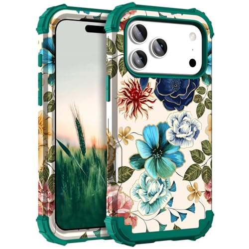 Hocase for iPhone 17 Pro Max Case, Heavy Duty Shockproof Protection Soft Silicone Rubber+Hard Plastic Bumpers Hybrid Protective Case for iPhone 17 Pro Max 2025 - Teal Flowers by Hocase - Used condition - US$7.35