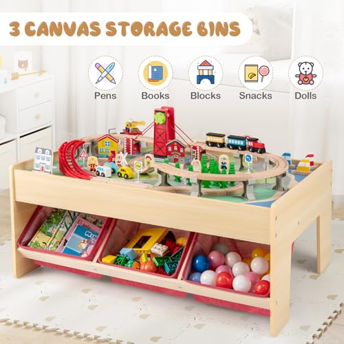 Image of Costzon Train Table, 3-in-1 Wooden Activity Table W / 3 Storage Bins, Reversible 94 PCS Track Train Toys & Table Map for Building, Playing, Studying, Eating, Kids Train Set Table for Boys Girls Aged 3+