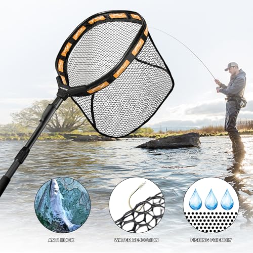 Image of PLUSINNO Fishing Net Fish Floating Landing Net, Kayak Nets with Fixed Foldable Telescopic Pole Handle, Bass Trout Fishing Nets with Nylon Mesh for Pond Lake River, Fishing Gear Gifts for Men Anglers