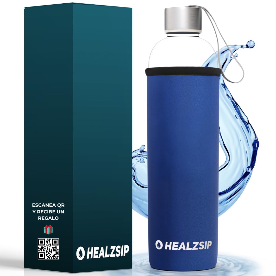 Healzsip 1 Litre Glass Water Bottle + Neoprene Sleeve + Guide + Calculator | Borosilicate Glass Bottle | Reusable and Dishwasher Safe | Glass Water Bottle | Ideal for Home and Office