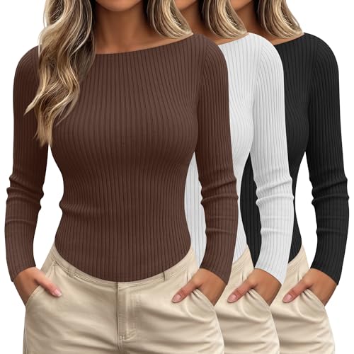 Huukeay 3 Pack Womens Boat Neck Long Sleeve Ribbed Tops Fitted Shirts Cotton Curved Hem Crop Casual Basic Layer Tees Go Out(Dark Brown, White, Black,Large)