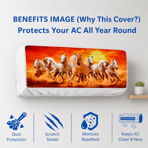 Image of Printed Split Ac Cover Indoor Unit For 1.5 Ton Capacity AC, Inner Unit Ac Cover, All Weather Cover /Attractive Digital Prints /Dustproof /Silken water-resistant Split Ac Cover ( Orange7Horses )