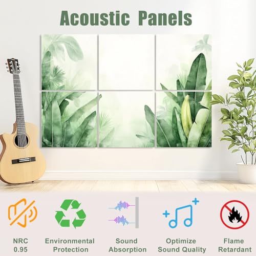 6 Pack Paneles Acústicos Artísticos Absorbentes de Sonido Hojas Tropicales Botánicas Verde y Amarillo Paneles Decorativos Autoadhesivos para Estudios y Oficina 72"x48" miniatura 3