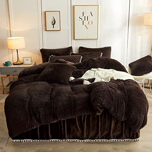 Liferevo Luxury Pom Poms Velvet Bed Skirt, Velvet Wrap Around Bed Skirt, Diamond Quilted Fitted Bed Sheet With Bedskirt, 18 Inch Drop Dust Ruffle Decorative Bed Skirt Pompoms Fringe(King, Dark Brown) #TOP7
