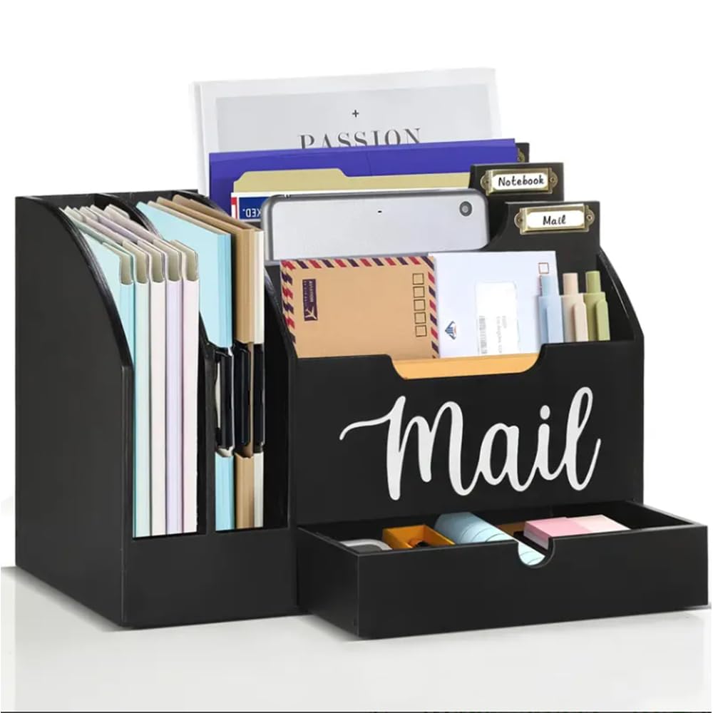 Organisateur de courrier en bois avec 6 compartiments et un tiroir, Tiroir de bureau en bois pour dossier Lettre Dossier, Boîte de rangement pour le courrier, Noir