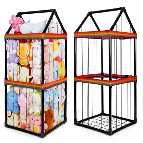 Basumee Stuffed Animals Storage Zoo Kids Plushies Storage Stuffed Animals Holder with Two Rainbow Straps PVC Tube Stuffy Toy Storage Organizer for Girls Boys Nursery Playroom Room Bedrooms, Black