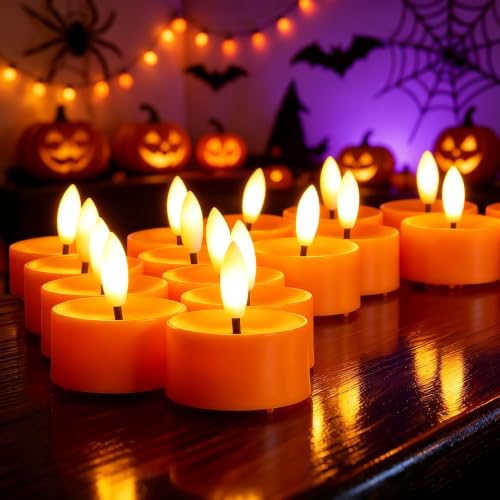 Image of QIDEA Halloween Orange LED Tea Lights for Pumpkin Christmas Decor 12 Sets