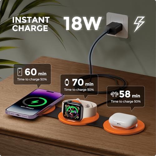 Image of Hicober 3 in 1 Wireless Charging Station for Apple Watch and iPhone Air 17 16 15 14 13 12 Pro Max /Plus, Magnetic Foldable Wireless Travel Charger Station Stand for Airpods iWatch All Series Orange