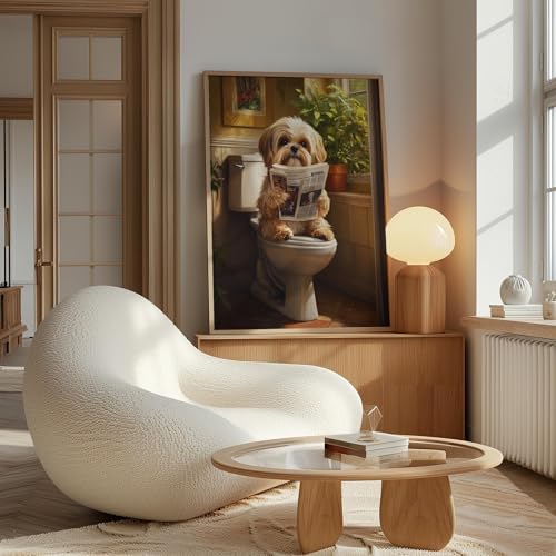 Image of Shih Tzu on Toilet Wood Framed Wall Art Print Poster, Dog Bathroom Humor Decor Posters Prints for Restroom Home Picture Painting Artwork Gallery 7 (Shih Tzu, 10 inchL x 8 inchW, Wood Frame)