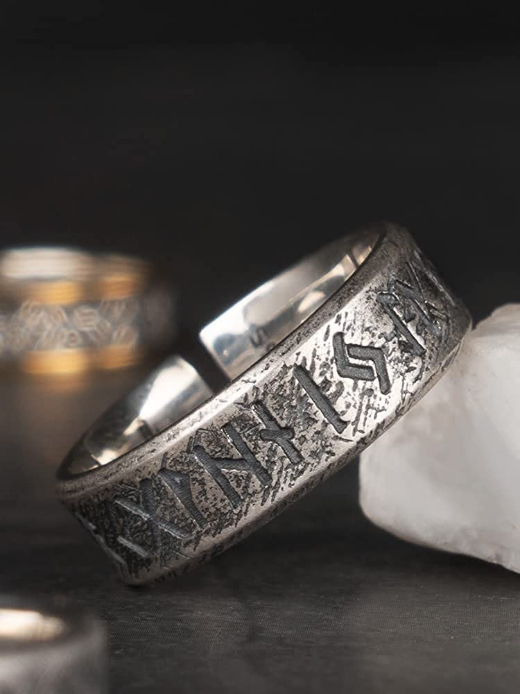 Chinese Lucky Feng Shui Auspicious Ring ， Feng Shui Mantra-Ring, Vintage Schwarzer Sterling Silber Elder Futhark Runen Ring Nordischer Wikingerschmuck for Männer Frauen Verstellbare Größe S/M/L(M)