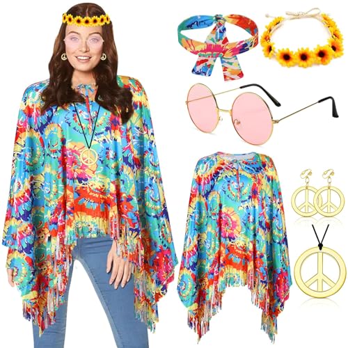 YADODO Deguisement Hippie Femme Tenue Annee 70 Dicso Poncho avec 6PCS Accessoires Hippie Année 60 70 Costume Hippie Femme Adulte Déguisement Année 70 Tenue Déguisement Disco pour Carnaval Halloween