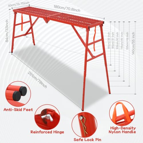 1000LBS Heavy Duty Foldable Scaffolding Work Platform, 71x16 Inch Adjustable Height Steel Work Ladder with Anti-Slip Grid, Ideal for Staircase, Painting, Wiring, Car Wash, Home Decor, and Maintenance by CLAXELION - Used condition - Image 6